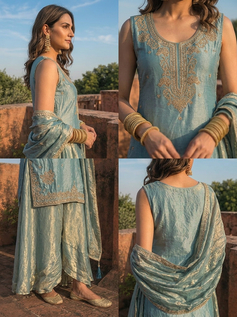 Ice Blue Silk Intricate Mughal Floral Embroidered Three Piece
