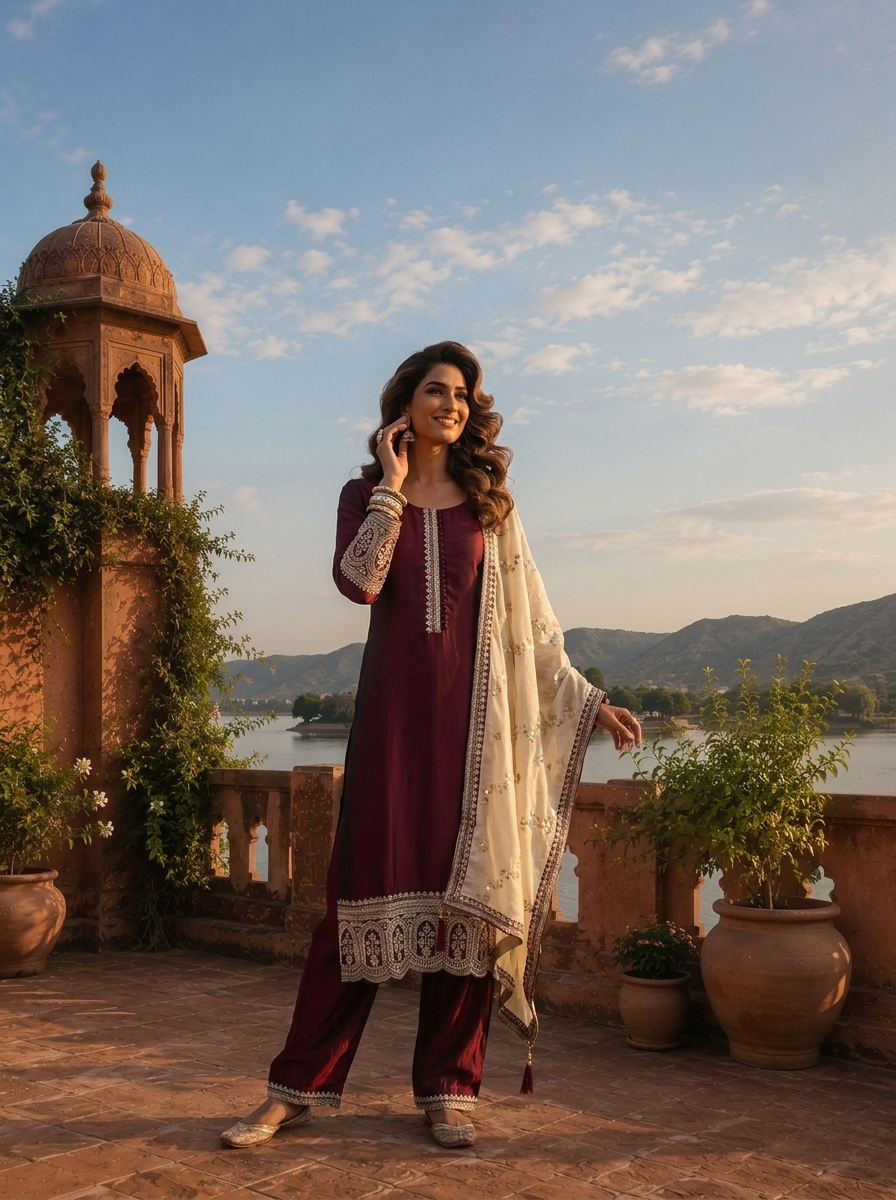 Maroon Silk Zari Embroidery Three Piece Set