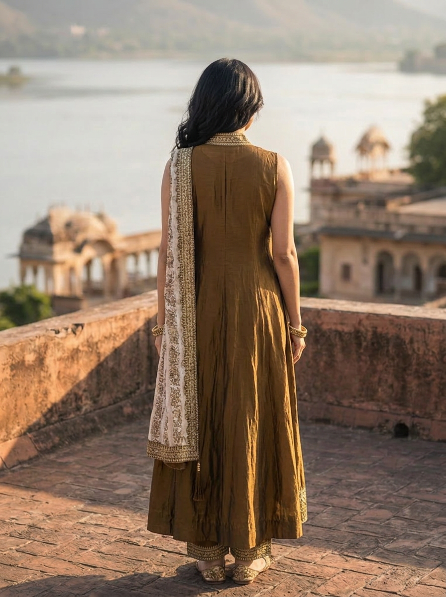 Brown Silk Zari Embroidery Three Piece Set With Floral Dupatta