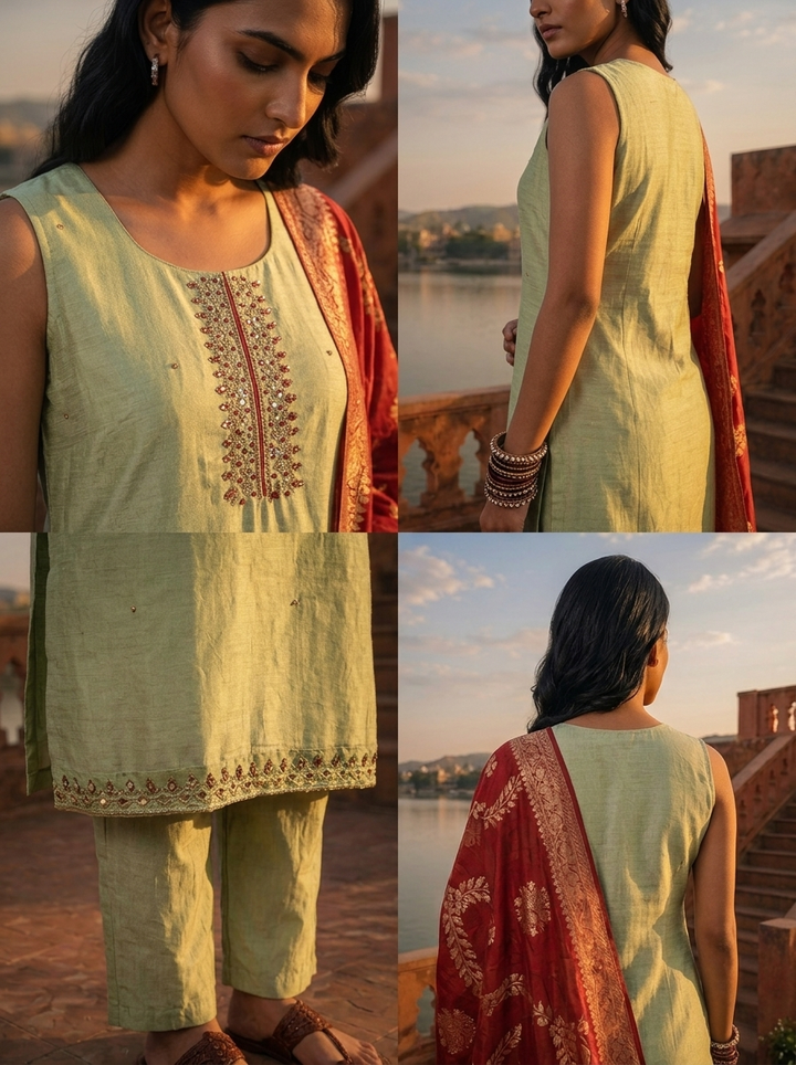Pista Green Vichitra Silk Embroidery Three Piece Set With Floral Weaved Dupatta