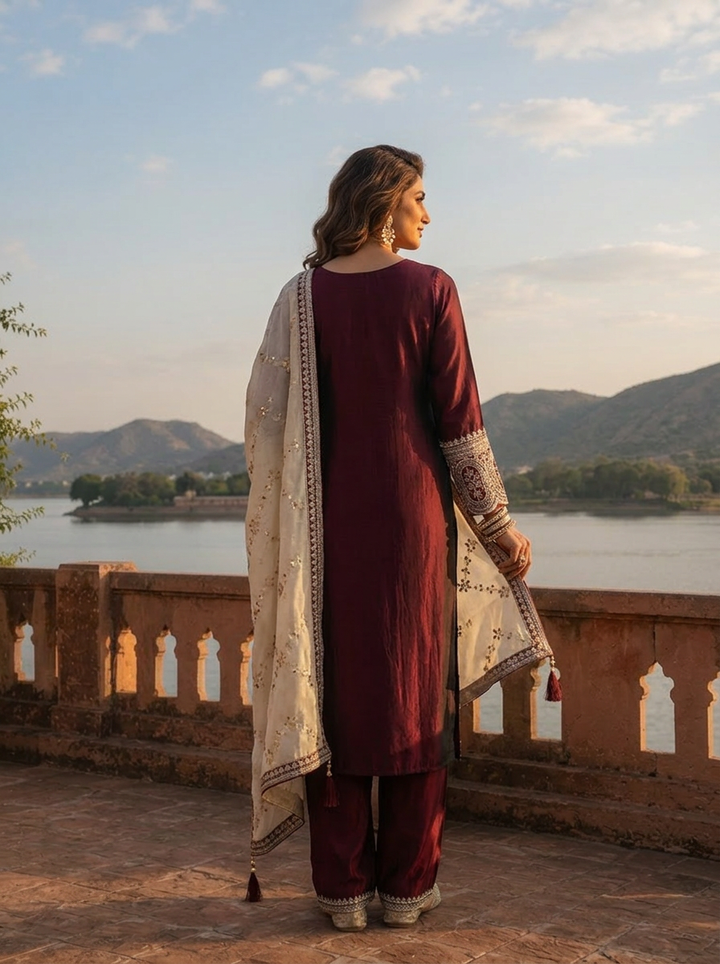 Maroon Silk Zari Embroidery Three Piece Set