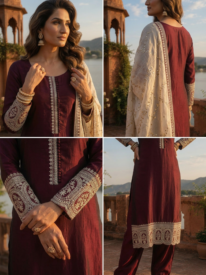 Maroon Silk Zari Embroidery Three Piece Set