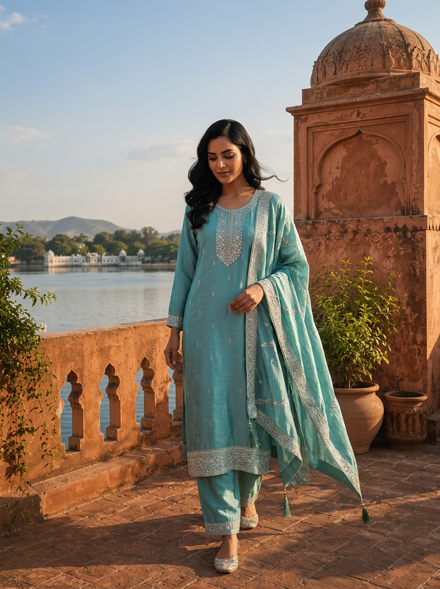 Sea Green Vichitra Silk Buti Embroidery Three Piece Set