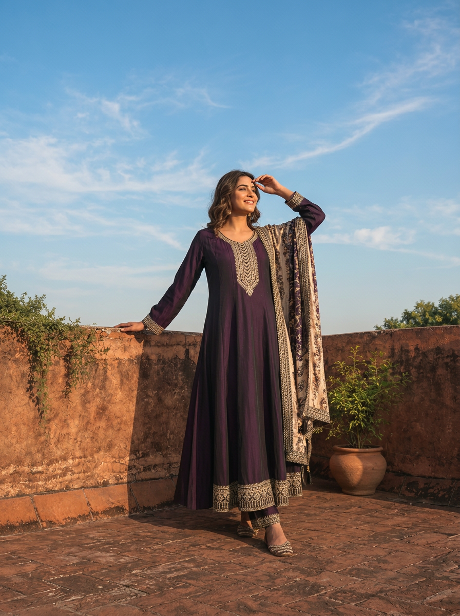 Wine Silk Embroidery Three Piece Set With Contrast Dupatta