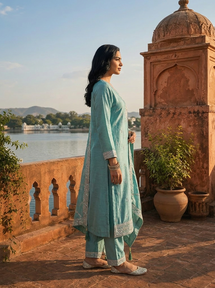 Sea Green Vichitra Silk Buti Embroidery Three Piece Set