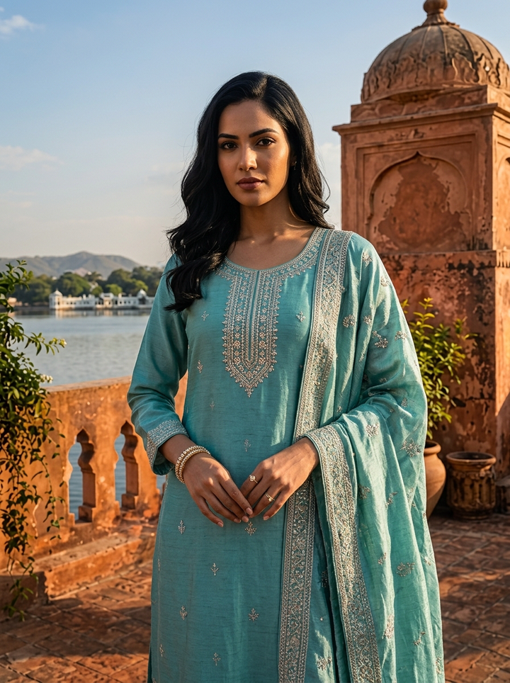 Sea Green Vichitra Silk Buti Embroidery Three Piece Set