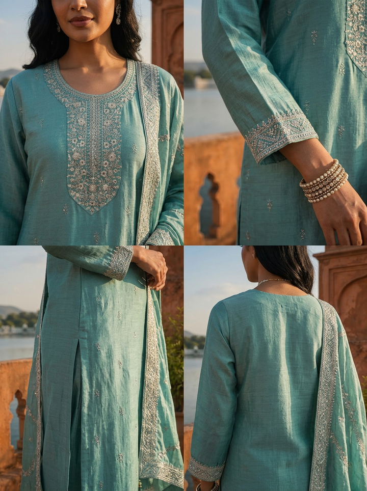 Sea Green Vichitra Silk Buti Embroidery Three Piece Set