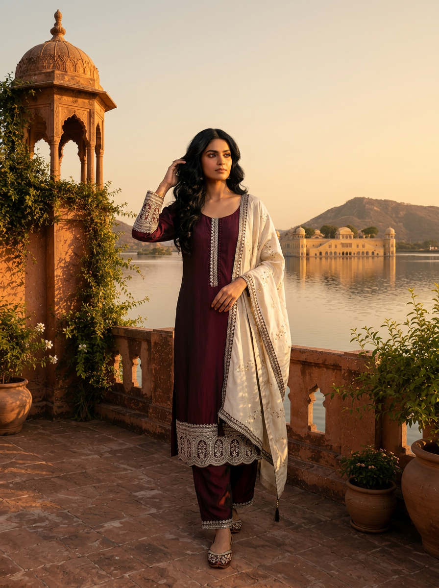 Wine Silk Zari Embroidery Three Piece Set