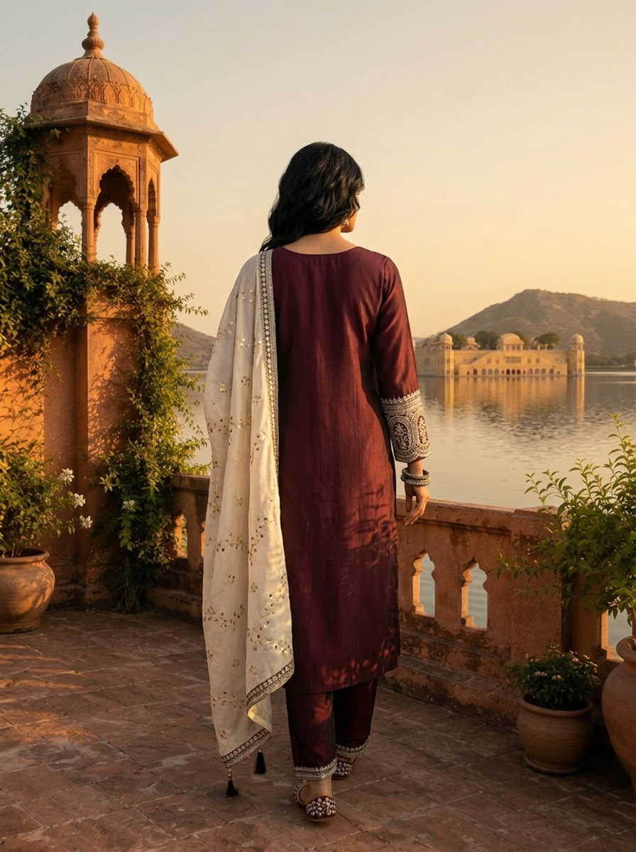 Wine Silk Zari Embroidery Three Piece Set