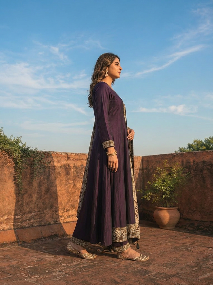 Wine Silk Embroidery Three Piece Set With Contrast Dupatta