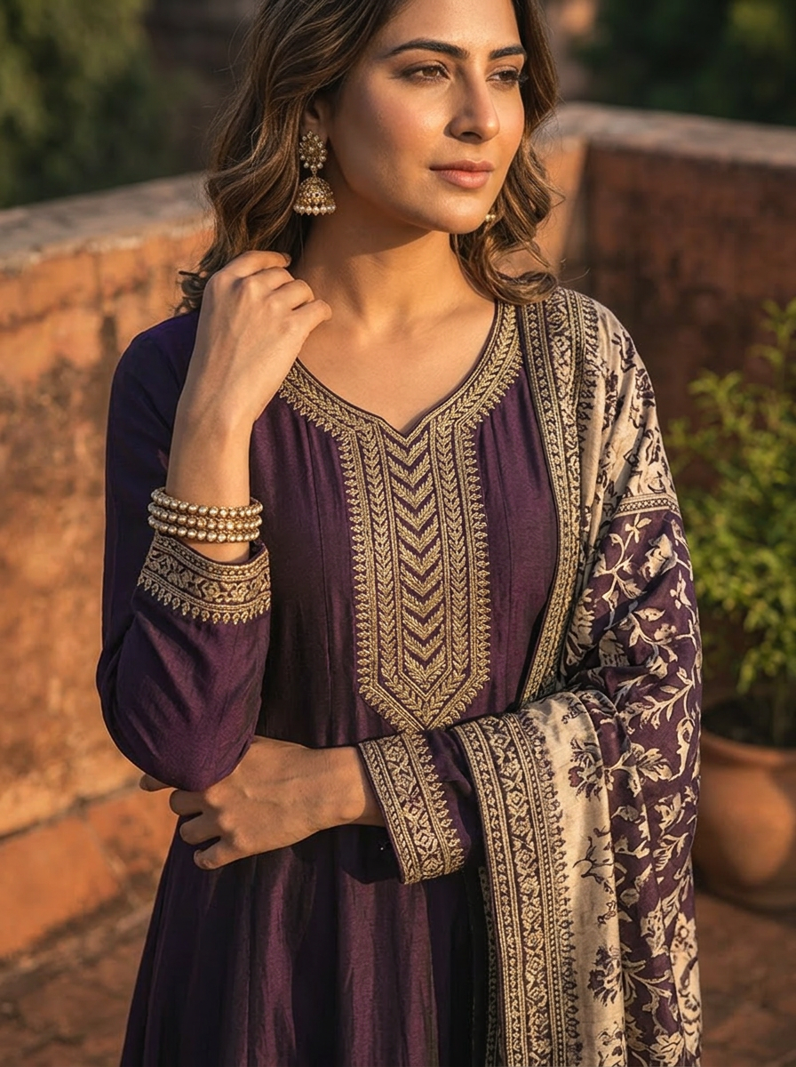 Wine Silk Embroidery Three Piece Set With Contrast Dupatta