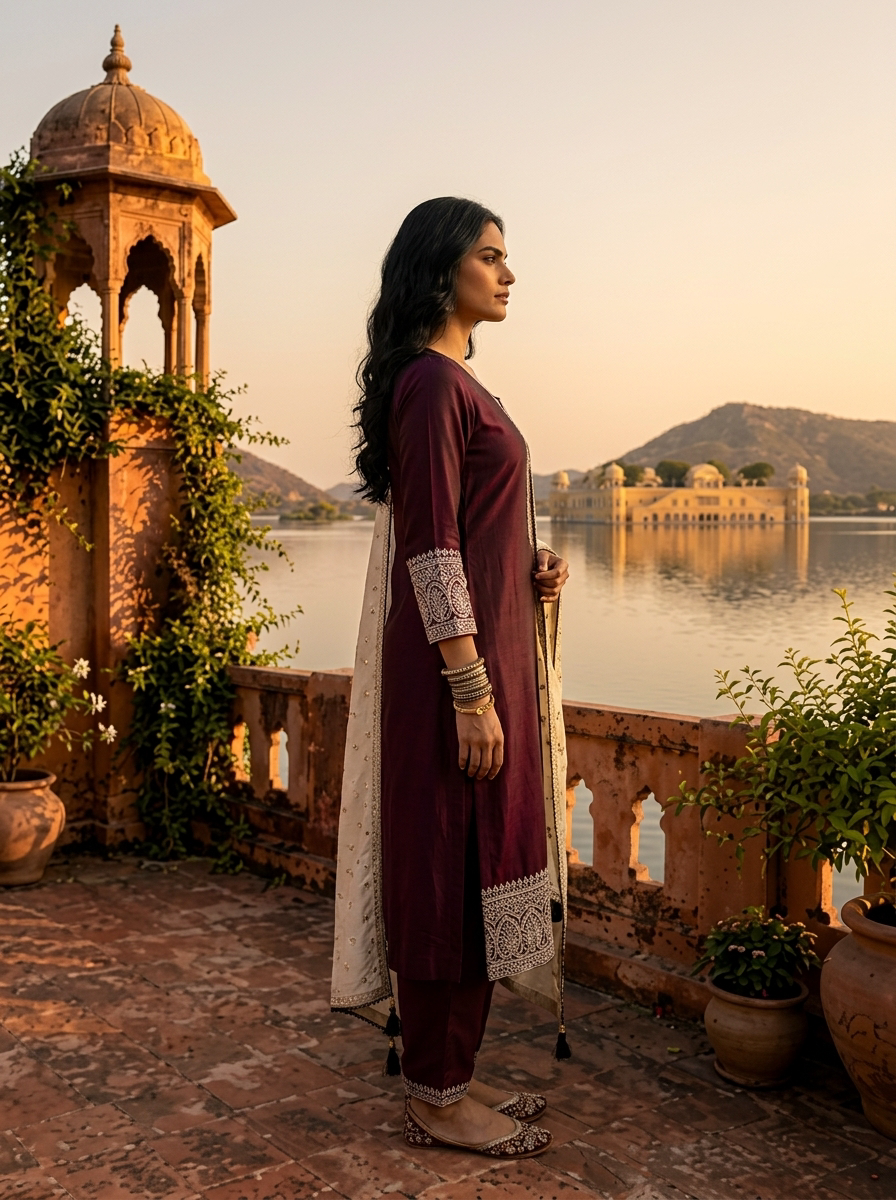 Wine Silk Zari Embroidery Three Piece Set