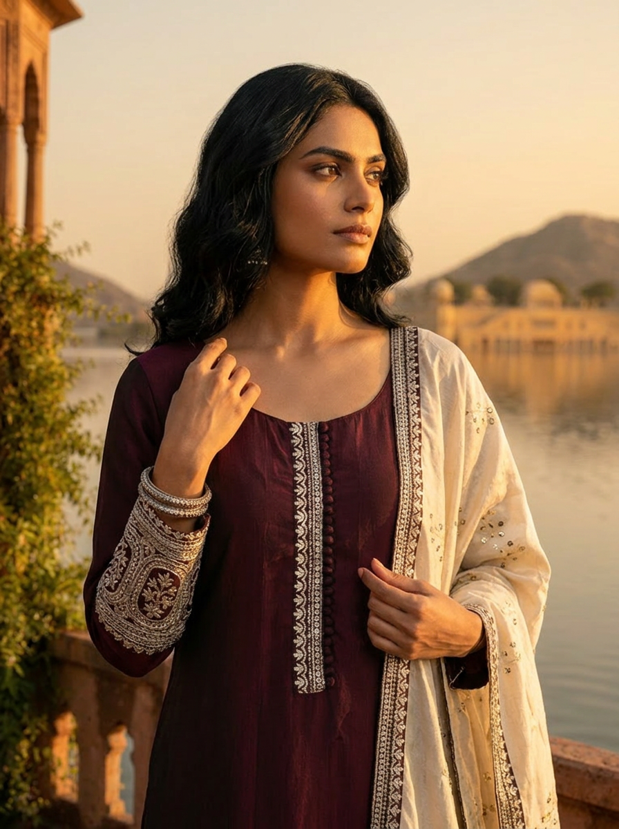 Wine Silk Zari Embroidery Three Piece Set
