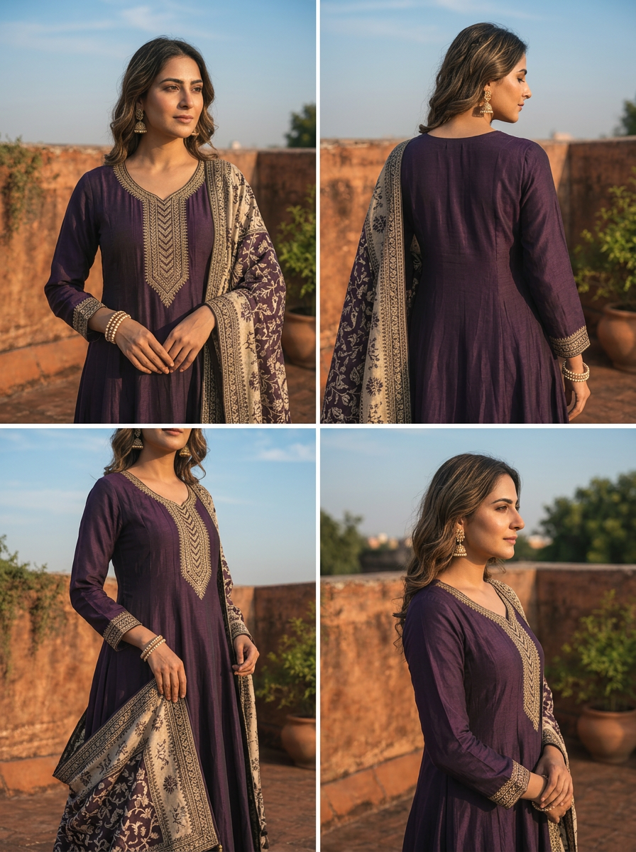Wine Silk Embroidery Three Piece Set With Contrast Dupatta