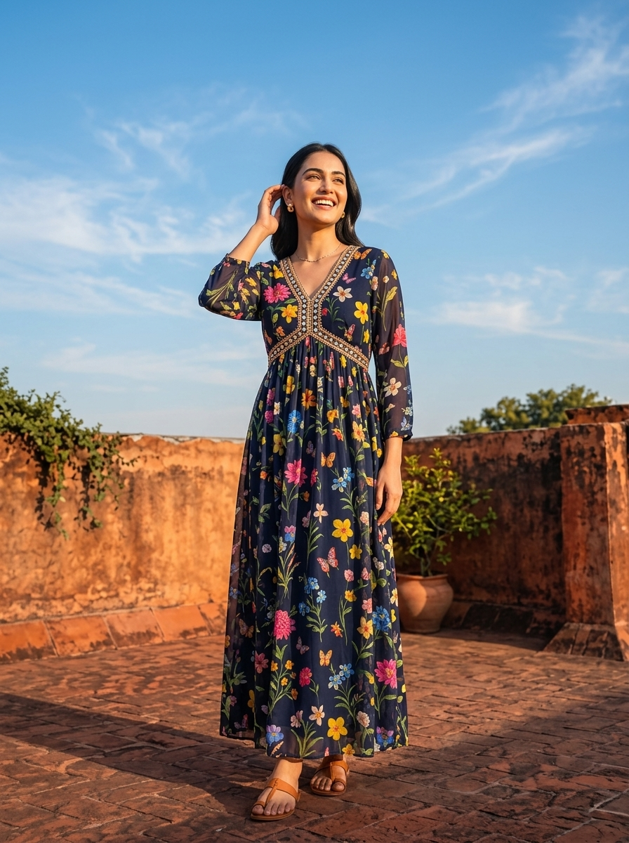 Navy Blue Georgette Multi Color Digital Floral Printed Dress