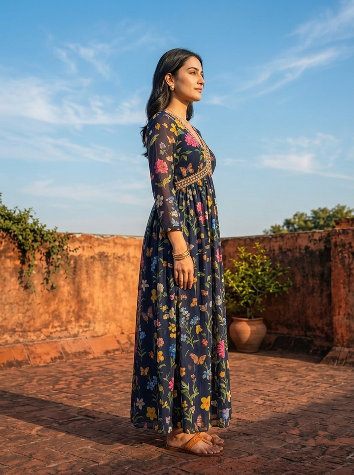 Navy Blue Georgette Multi Color Digital Floral Printed Dress