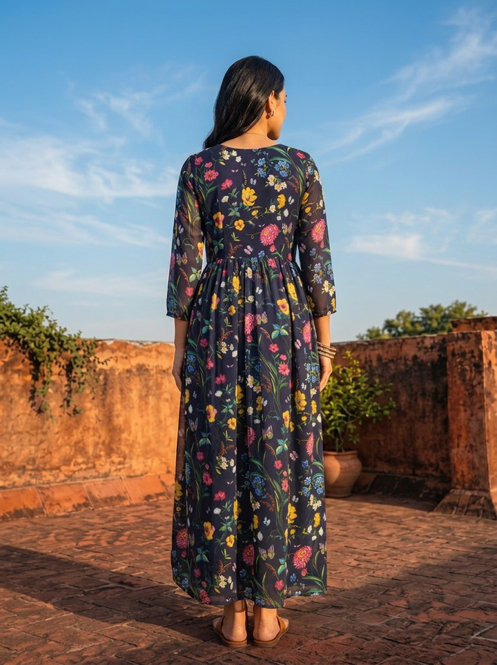 Navy Blue Georgette Multi Color Digital Floral Printed Dress