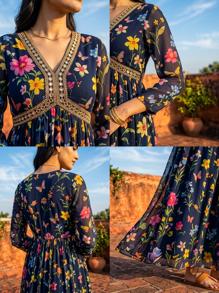 Navy Blue Georgette Multi Color Digital Floral Printed Dress