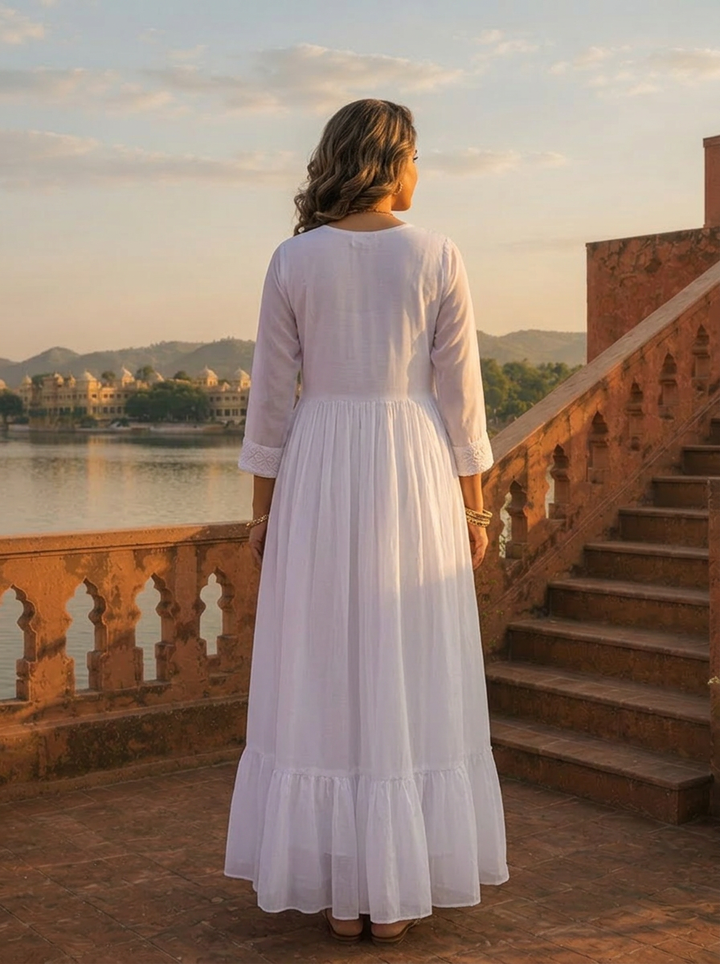 White Chikankari Floral Embroidery Long Dress With Shrug