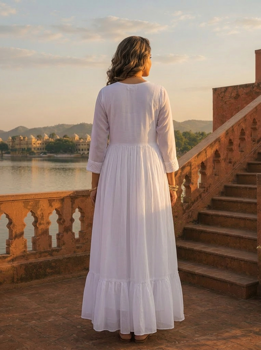 chikankari maxi dress 3 Piece chikankari embroidered long dress -