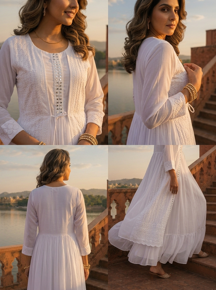 White Chikankari Floral Embroidery Long Dress With Shrug