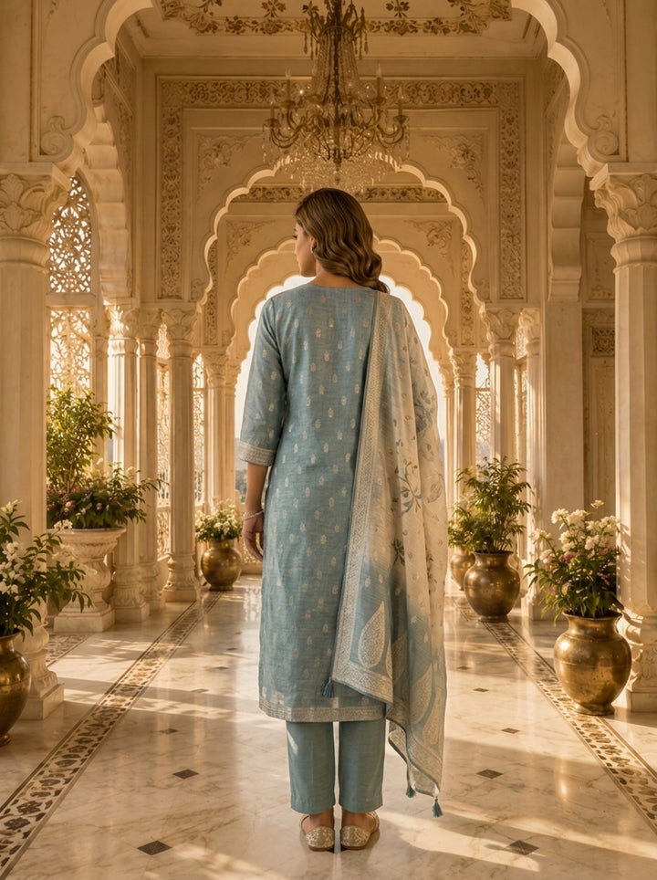 Aqua Banaras Silk Solid Design And Paisley Printed Three Piece Set