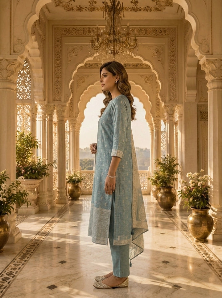 Aqua Banaras Silk Solid Design And Paisley Printed Three Piece Set