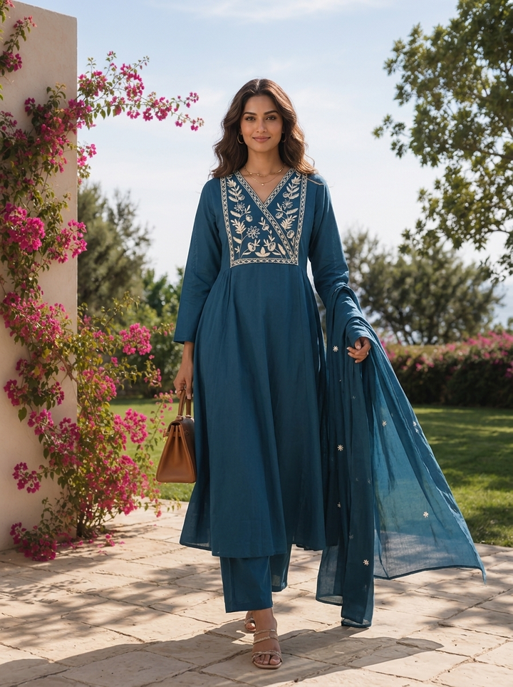Rama Cotton Floral Thread Embroidery And Solid Design Three Piece Set