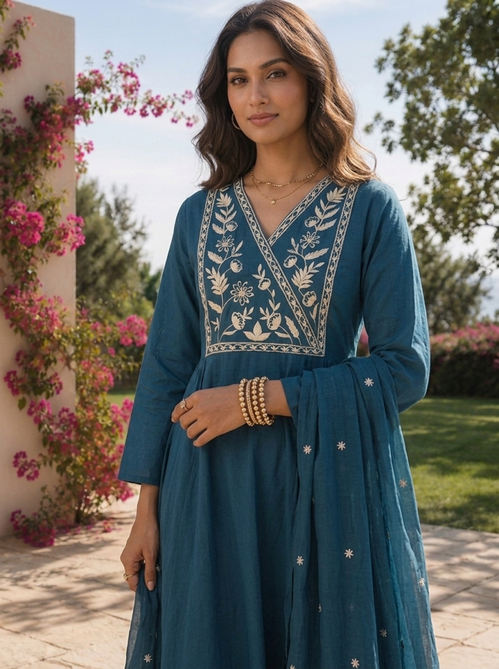 Rama Cotton Floral Thread Embroidery And Solid Design Three Piece Set