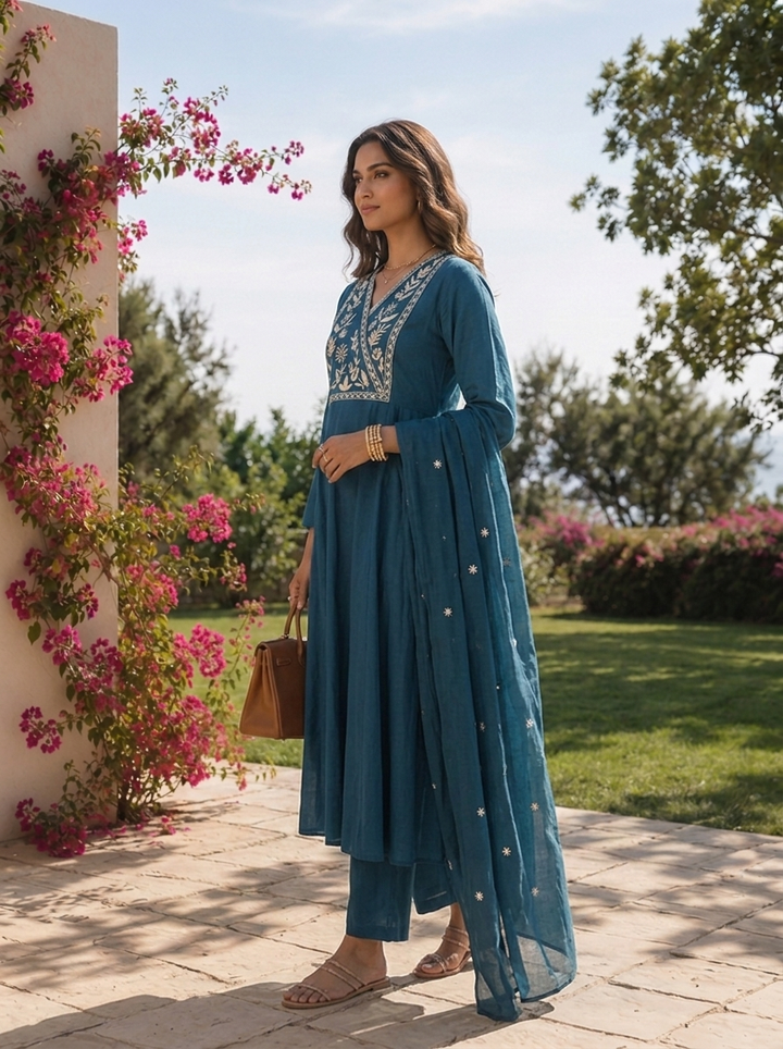 Rama Cotton Floral Thread Embroidery And Solid Design Three Piece Set