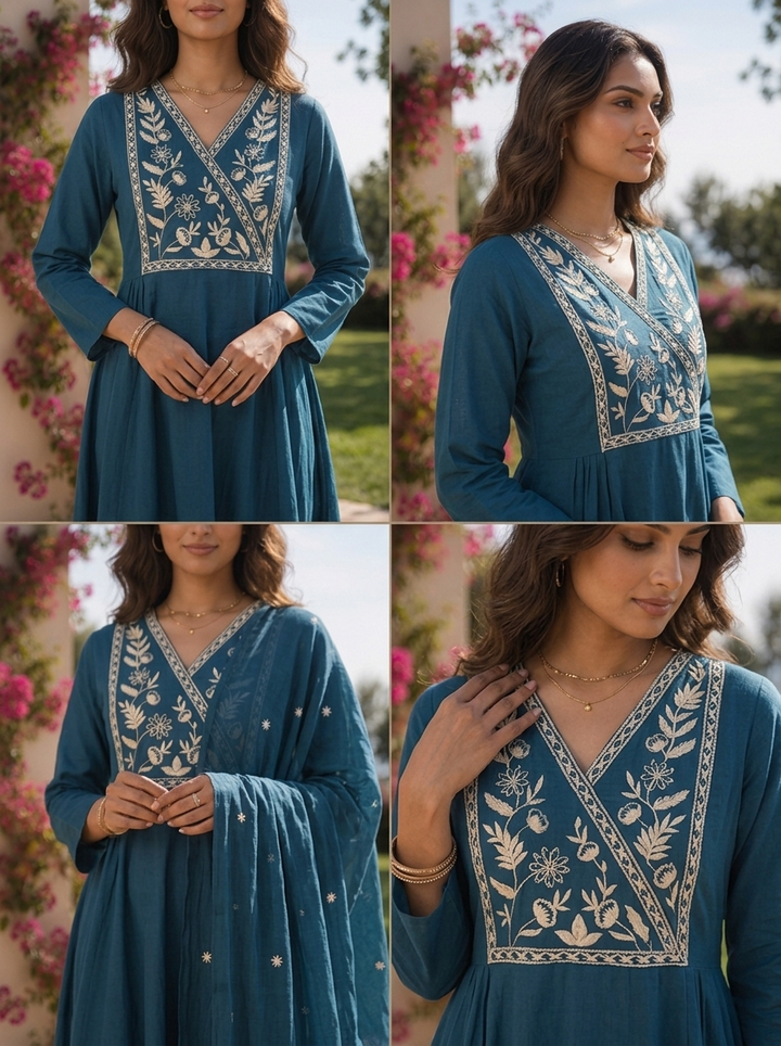 Rama Cotton Floral Thread Embroidery And Solid Design Three Piece Set
