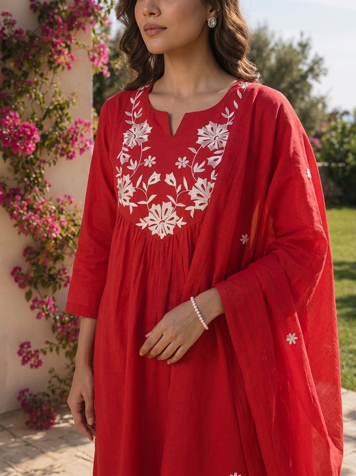 Red Cotton Floral Thread Embroidery And Solid Design Three Piece Set
