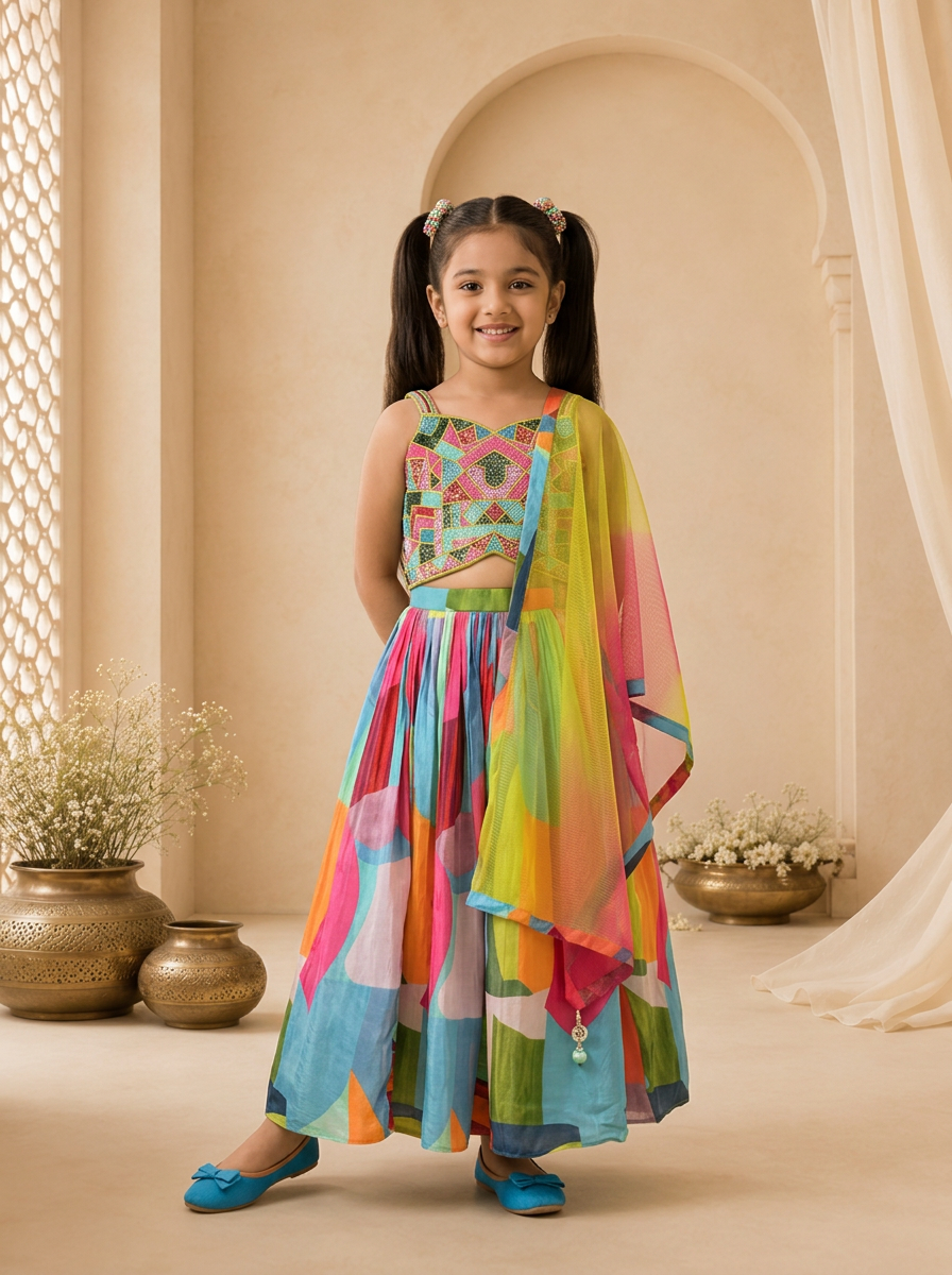 Multicolor Silk Abstract Printed Ghagra Set