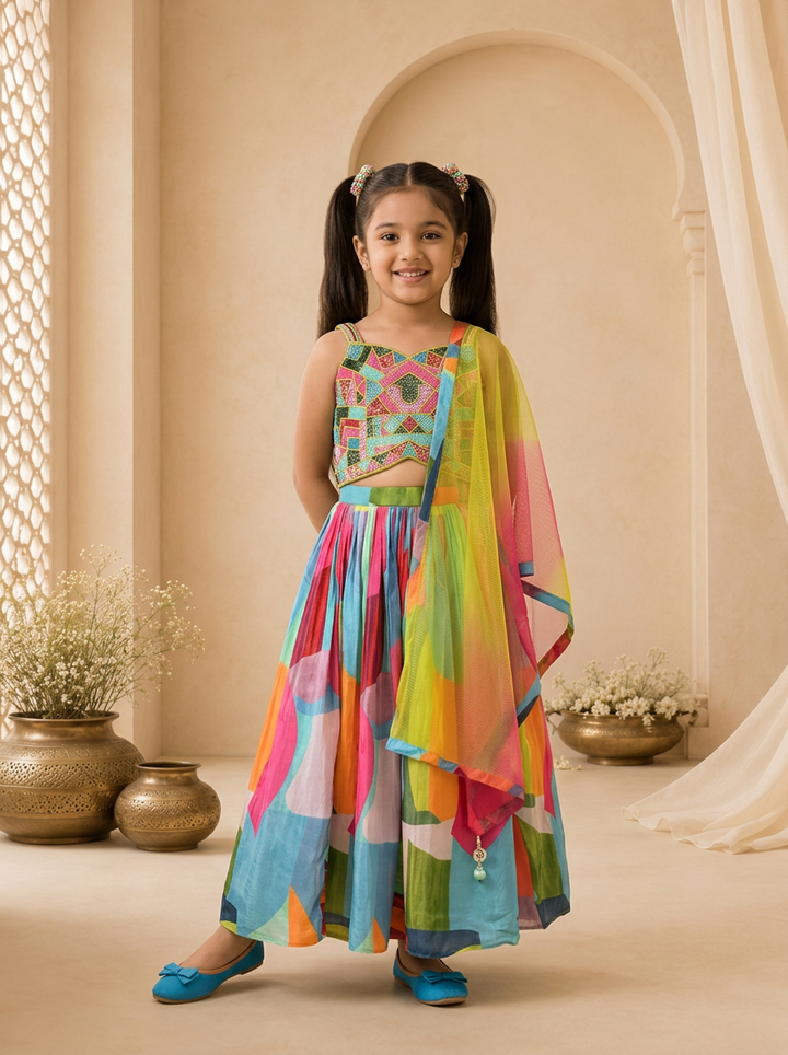 Multicolor Silk Abstract Printed Ghagra Set