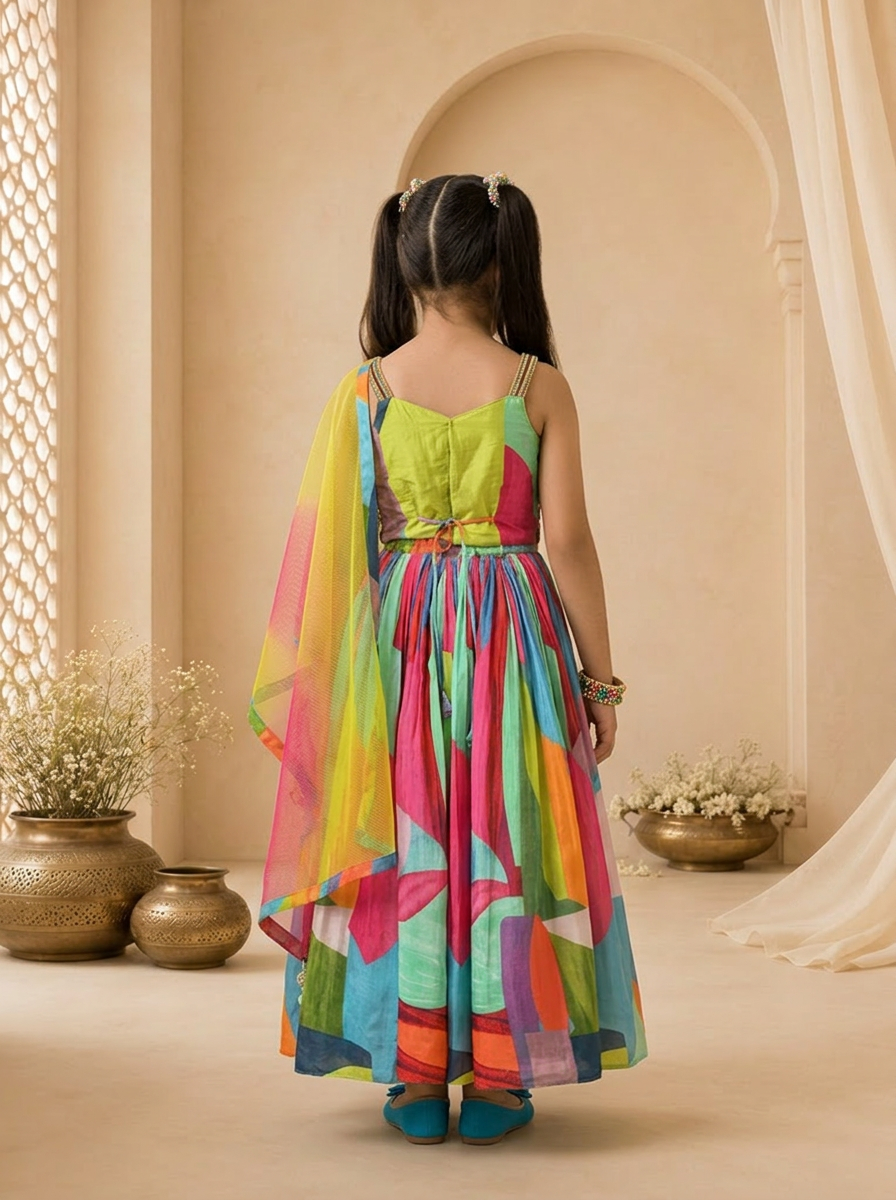Multicolor Silk Abstract Printed Ghagra Set