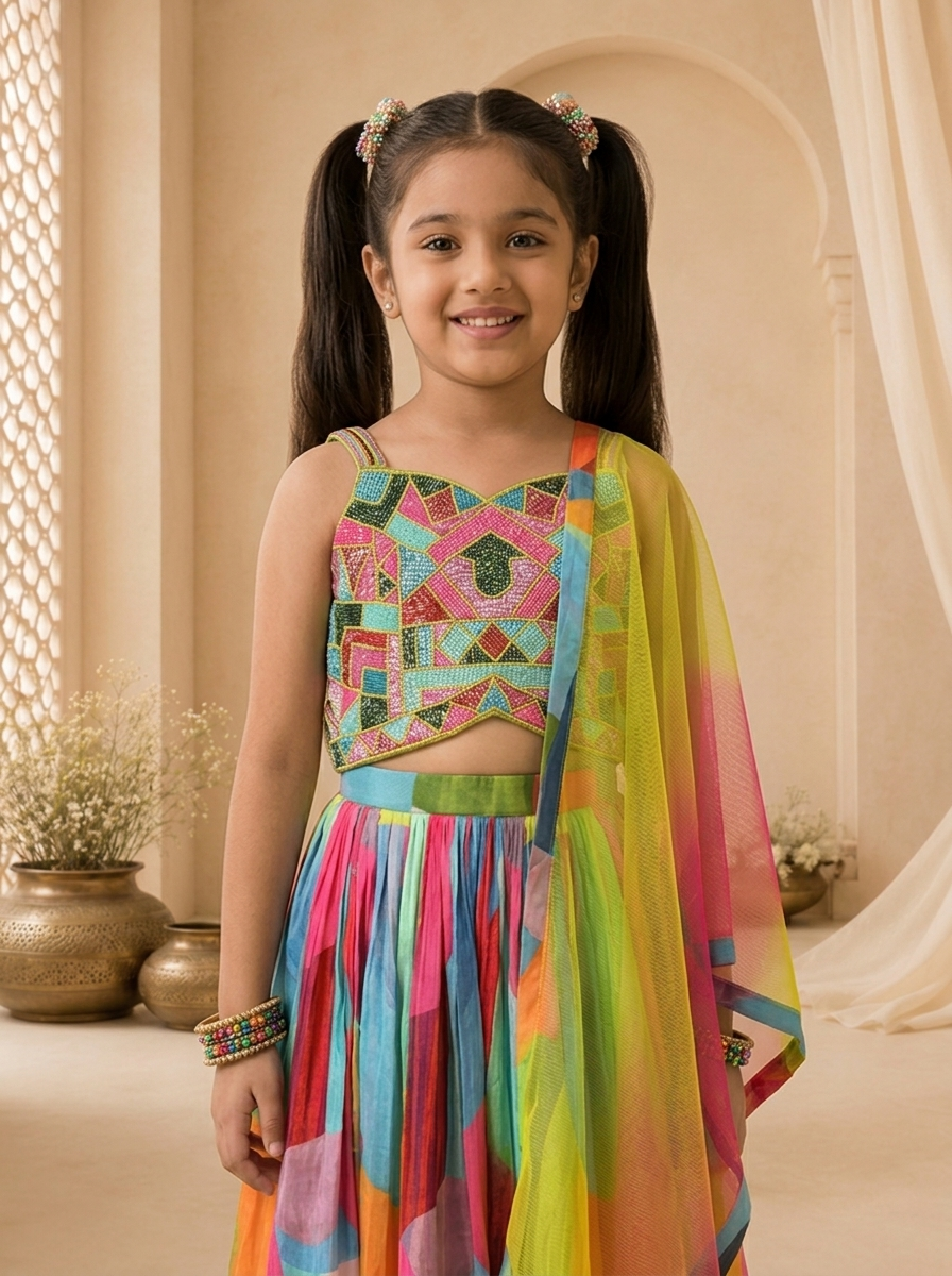 Multicolor Silk Abstract Printed Ghagra Set