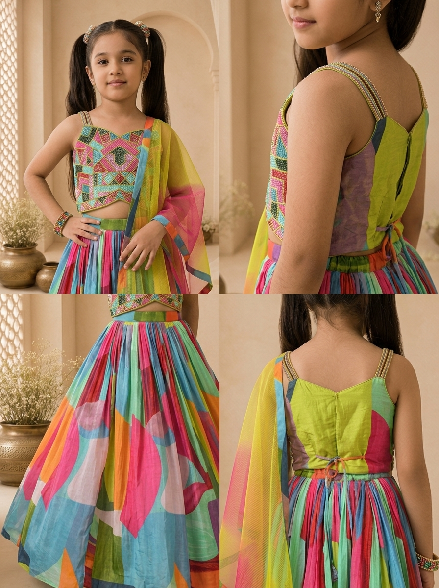 Multicolor Silk Abstract Printed Ghagra Set
