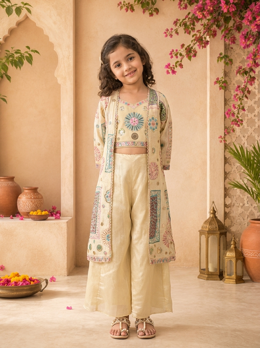 Fawn Tissue Geometric Embroidered Palazzo Set With Overcoat