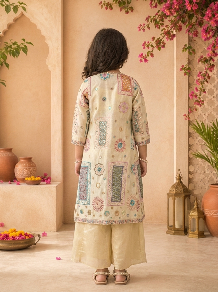 Fawn Tissue Geometric Embroidered Palazzo Set With Overcoat