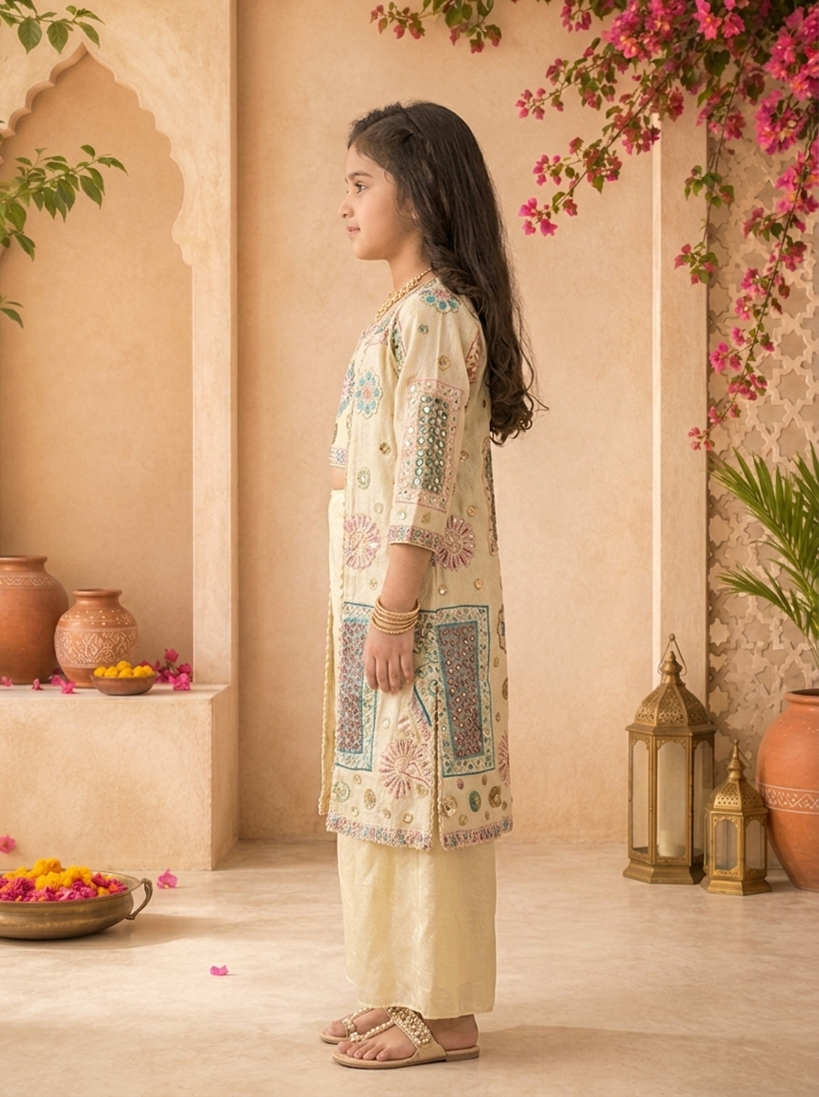 Fawn Tissue Geometric Embroidered Palazzo Set With Overcoat