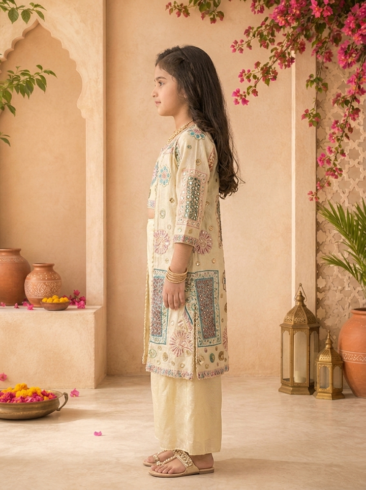 Fawn Tissue Geometric Embroidered Palazzo Set With Overcoat
