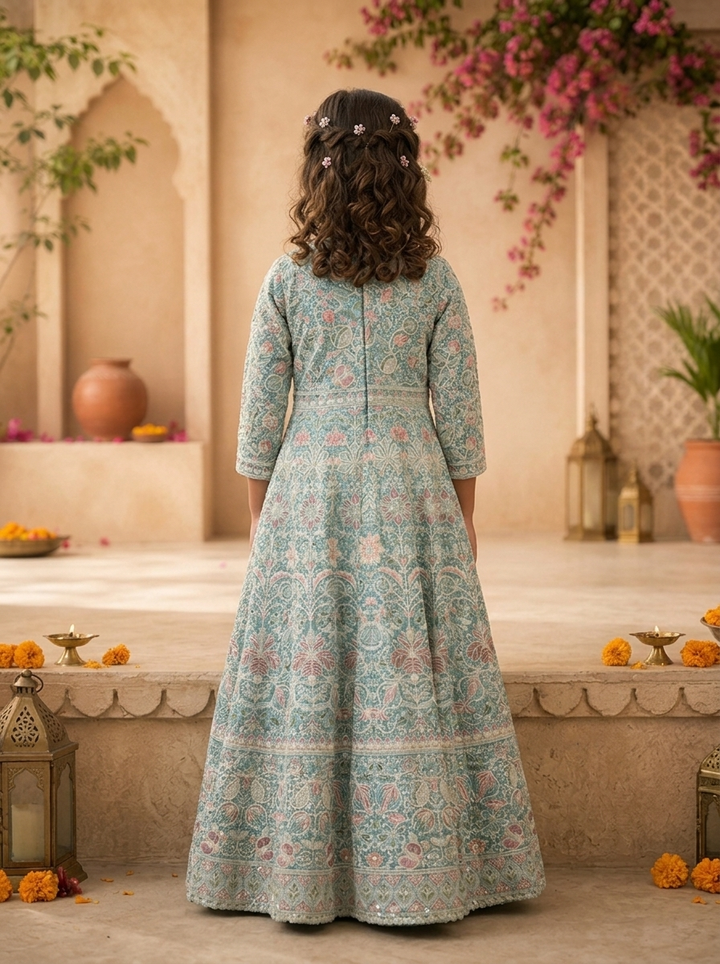 Sky Blue Georgette Traditional Ajrakh Block Embroidered Dress