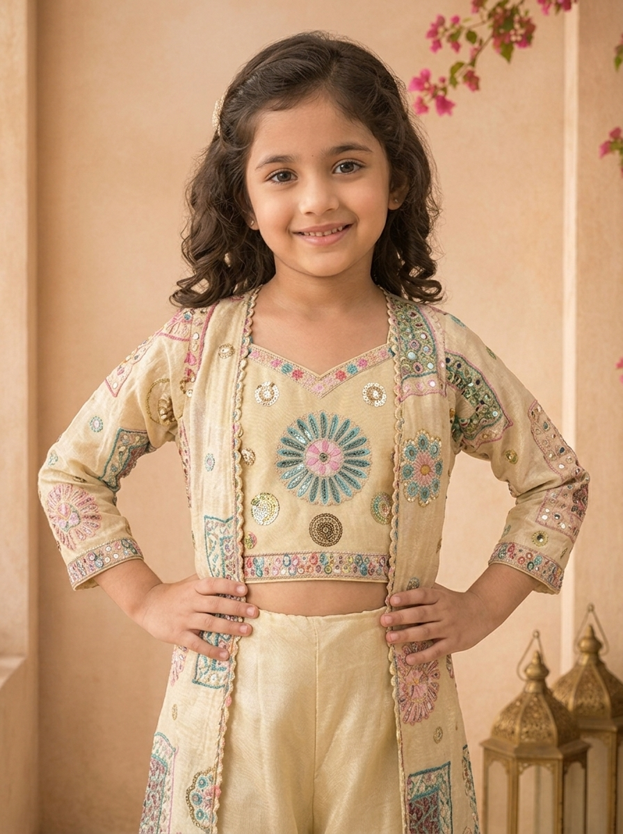 Fawn Tissue Geometric Embroidered Palazzo Set With Overcoat