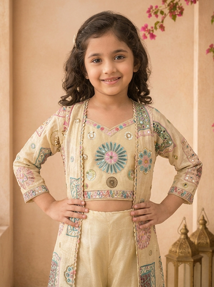 Fawn Tissue Geometric Embroidered Palazzo Set With Overcoat