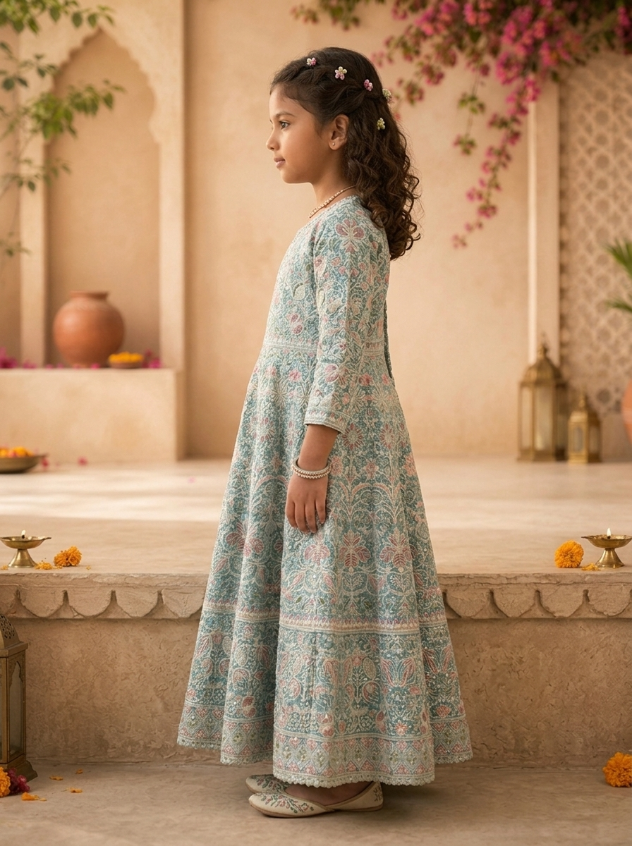 Sky Blue Georgette Traditional Ajrakh Block Embroidered Dress