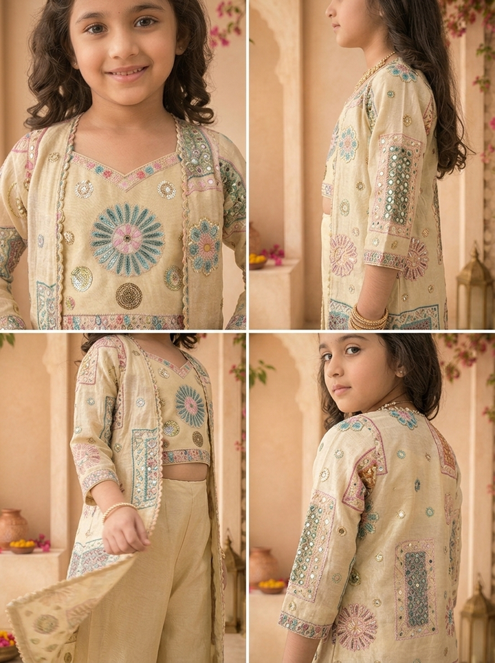Fawn Tissue Geometric Embroidered Palazzo Set With Overcoat