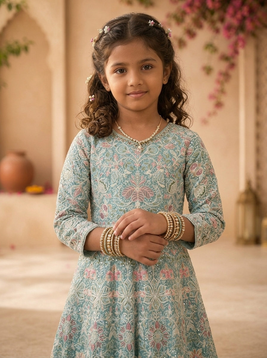 Sky Blue Georgette Traditional Ajrakh Block Embroidered Dress