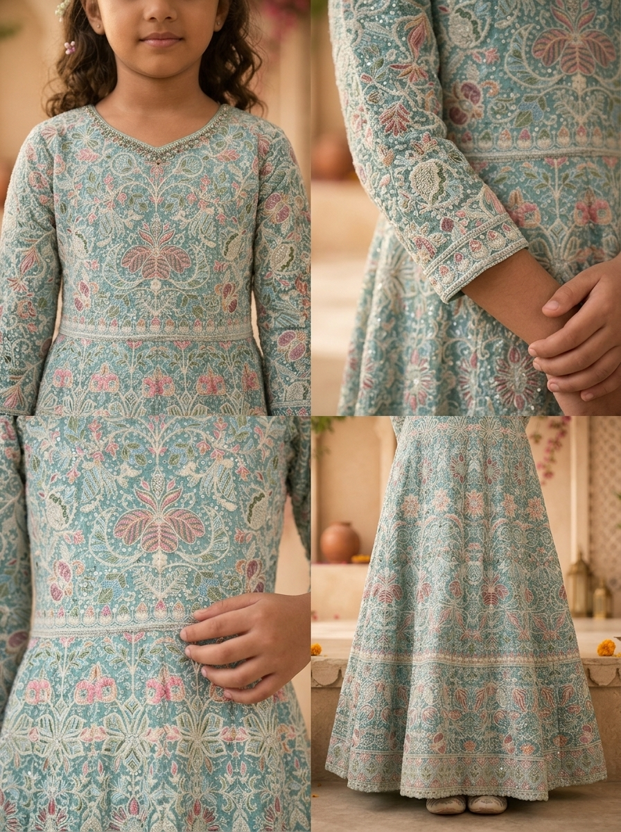 Sky Blue Georgette Traditional Ajrakh Block Embroidered Dress