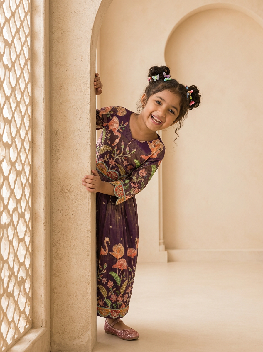 Purple Tissue Floral Thread Embroidered Dress