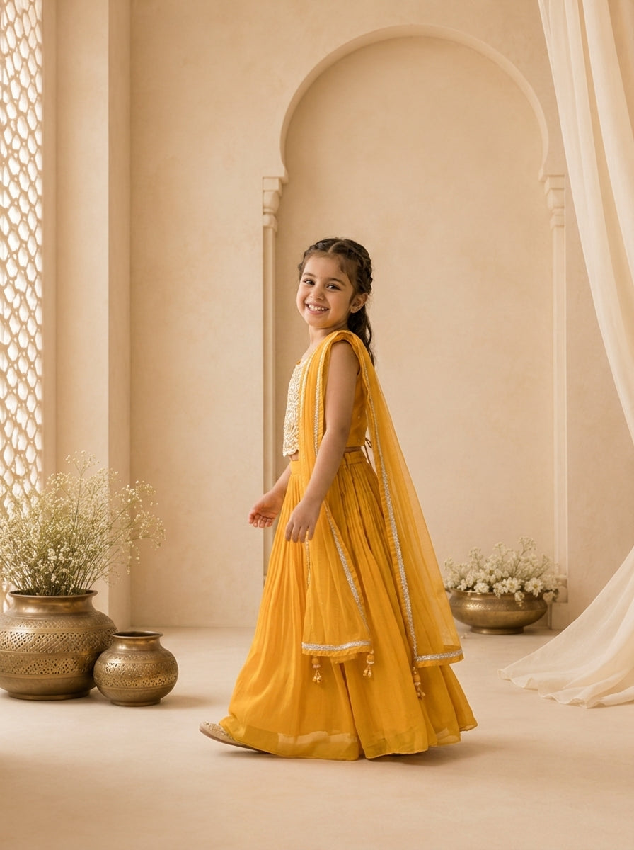 Yellow Georgette Scallop Hem Embroidered Ghagra Set